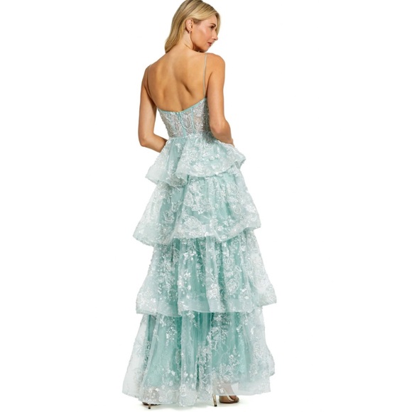 Mac Duggal Spaghetti Strap Applique Tiered Ruffle Gown in Mint - Picture 3 of 10
